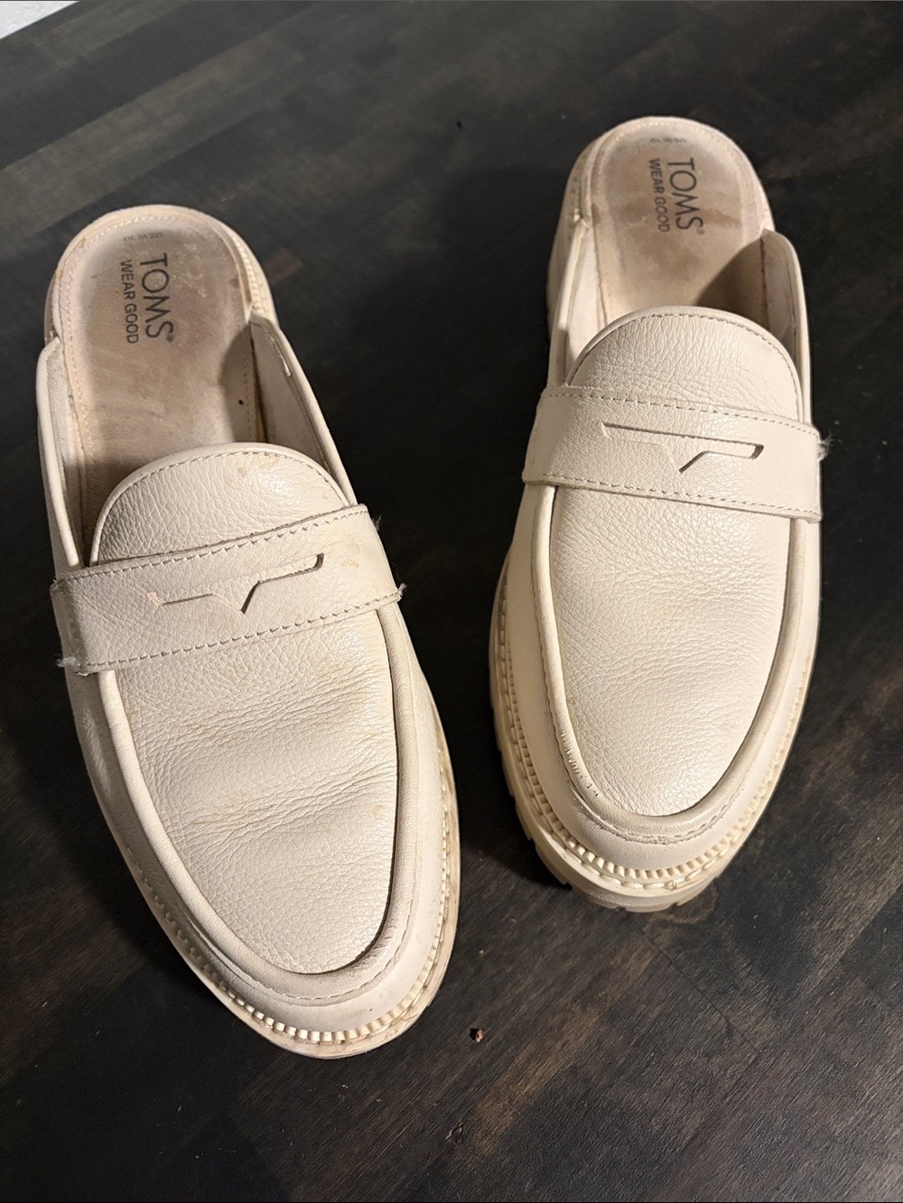 Tom’s Cream Leather Mule Low Platform Loafers Size 10